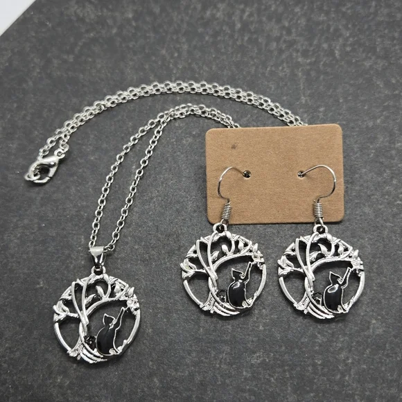 Silver Tonw Black Cat Reach Tree Of Life Necklace Earrings Set - Picture 13 of 16
